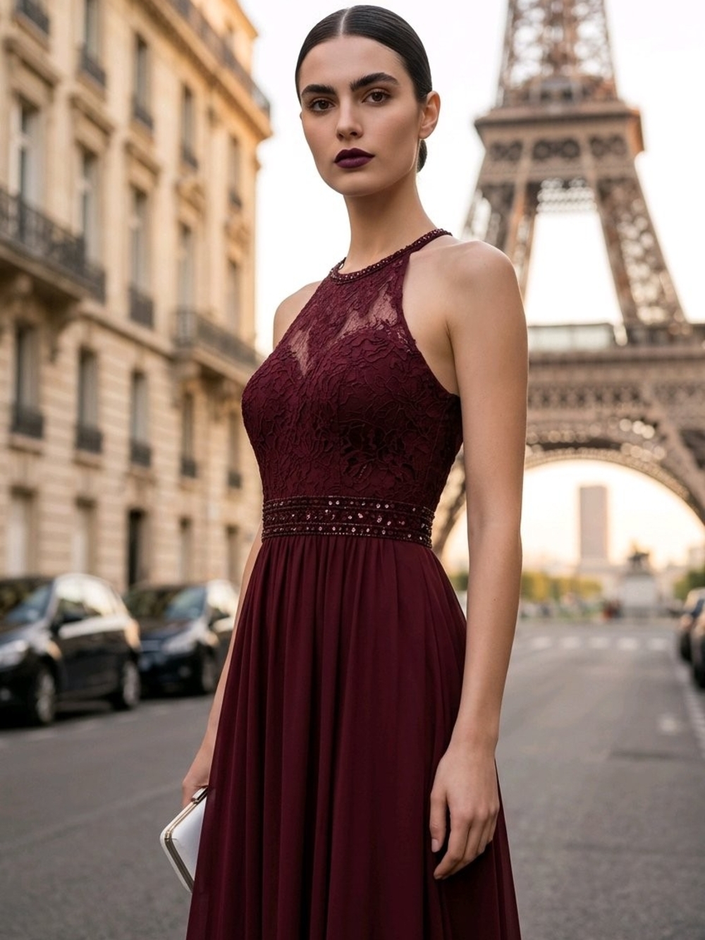 Mori Lee Size 10 Burgundy Lace Beaded Halter Neck Chiffon Formal Maxi Gown Dress